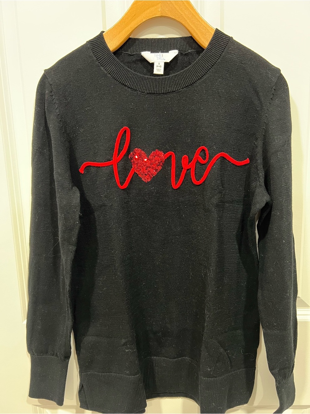 Time and Tru Black Crewneck Sweater with Red "Love" Script